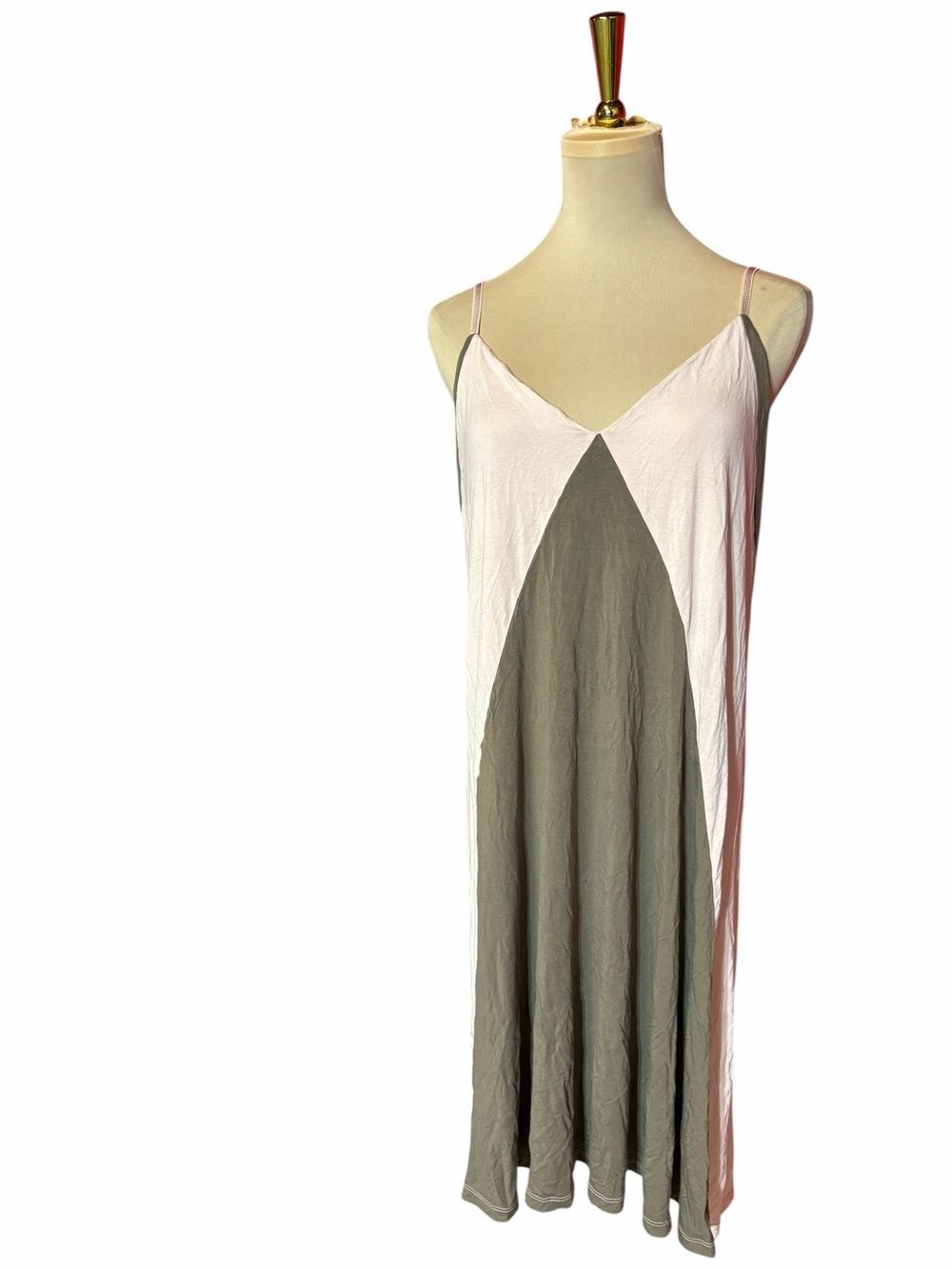 Women's Olive Green & White Colorblock Maxi Slip Dress Medium Spaghetti Strap